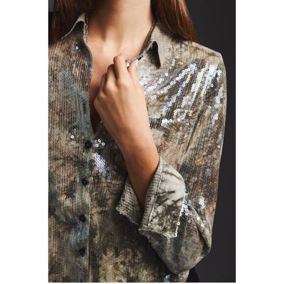 Anthropologie Pilcro Silver and Gray Sequin Button Up Blouse Shirt Sz Large NEW - Picture 7 of 14
